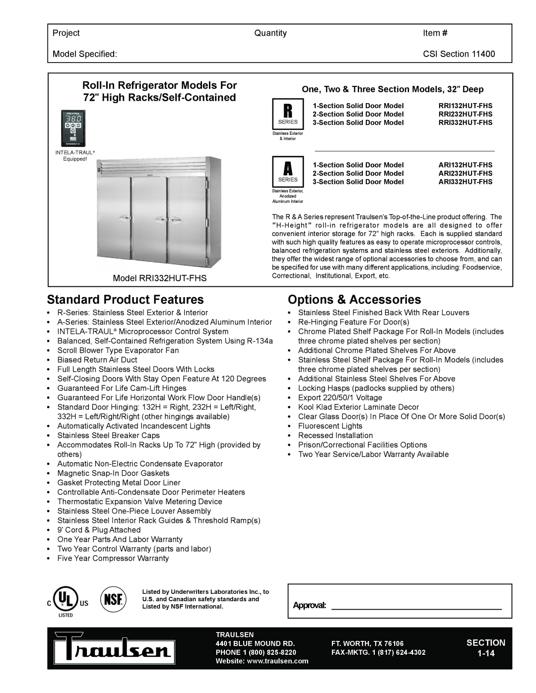 Traulsen RRI232HUT-FHS warranty Standard Product Features, Options & Accessories, Roll-In Refrigerator Models For 