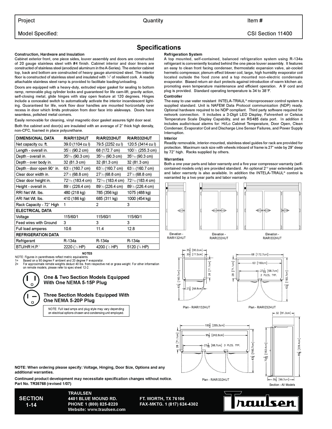 Traulsen RRI332HUT-FHS, RRI132HUT-FHS Specifications, Dimensional Data ARI132HUT ARI232HUT ARI332HUT, Electrical Data 