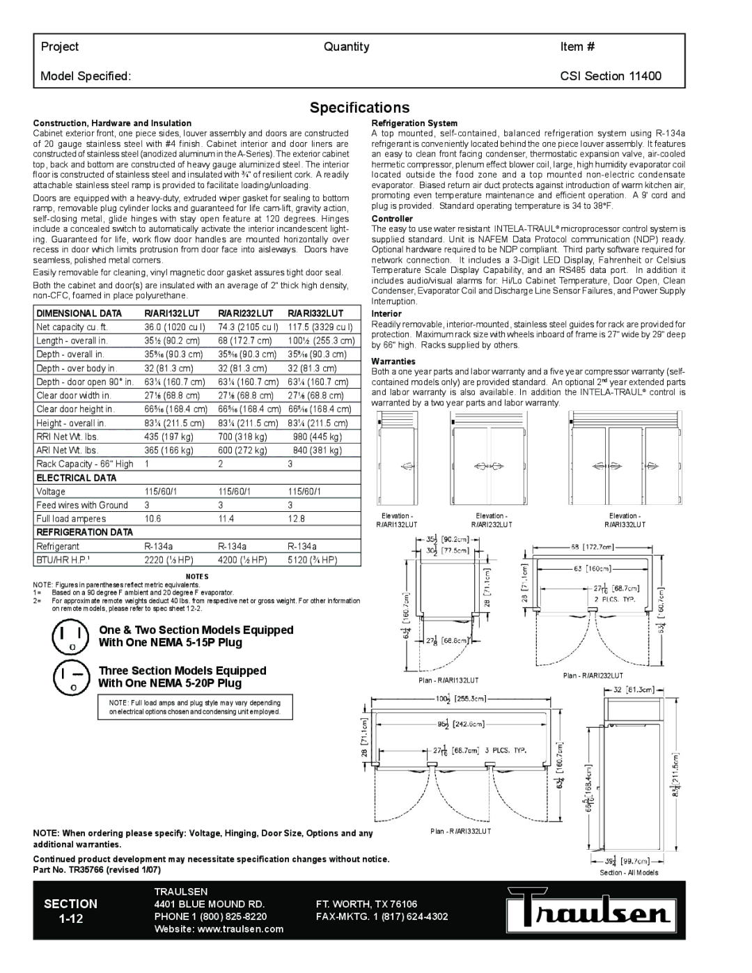 Traulsen RRI232LUT-FHS, RRI132LUT-FHS warranty Specifications, One & Two Section Models Equipped With One Nema 5-15P Plug 