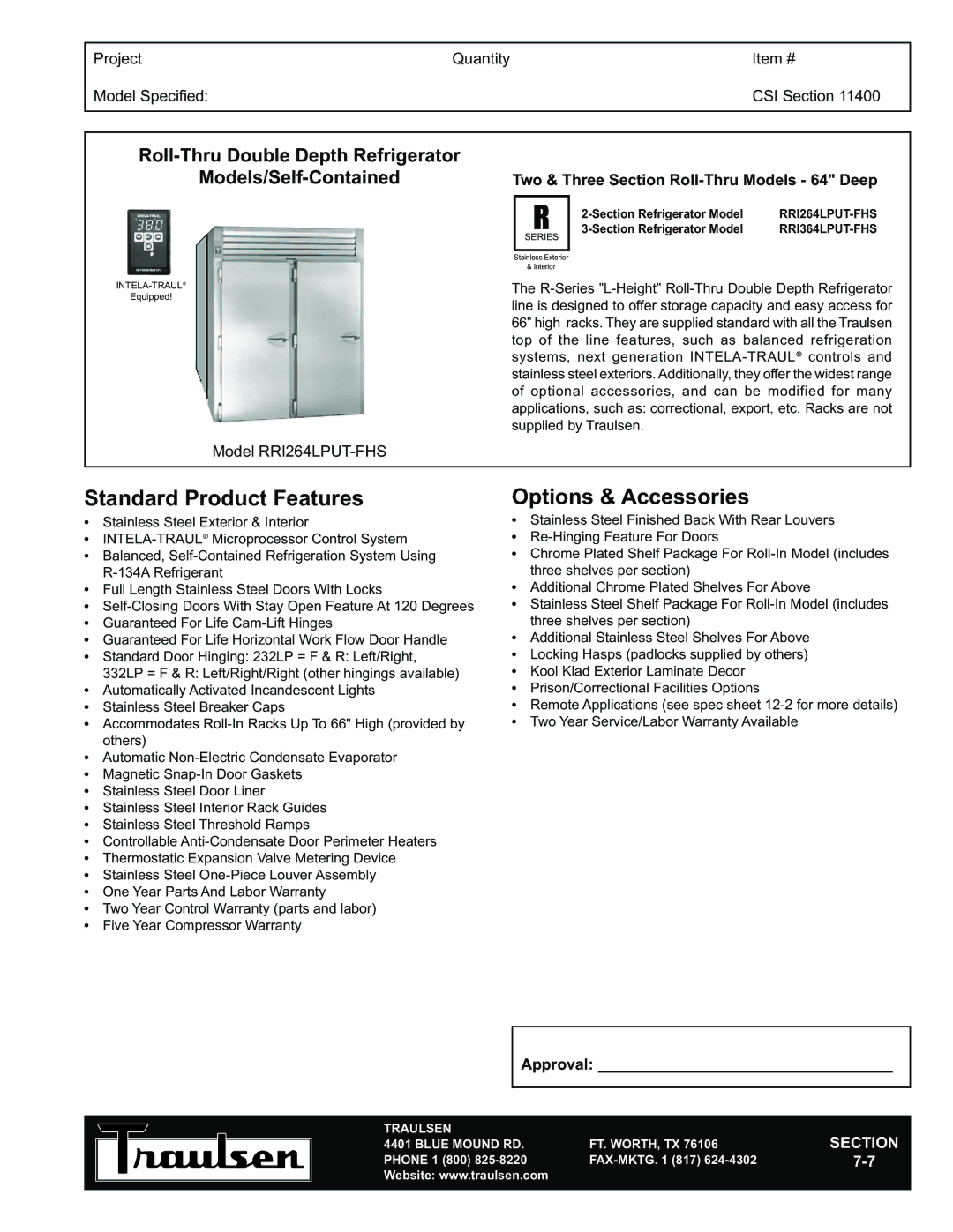 Traulsen RRI264LPUT-FHS warranty Roll-Thru Double Depth Refrigerator Models/Self-Contained 