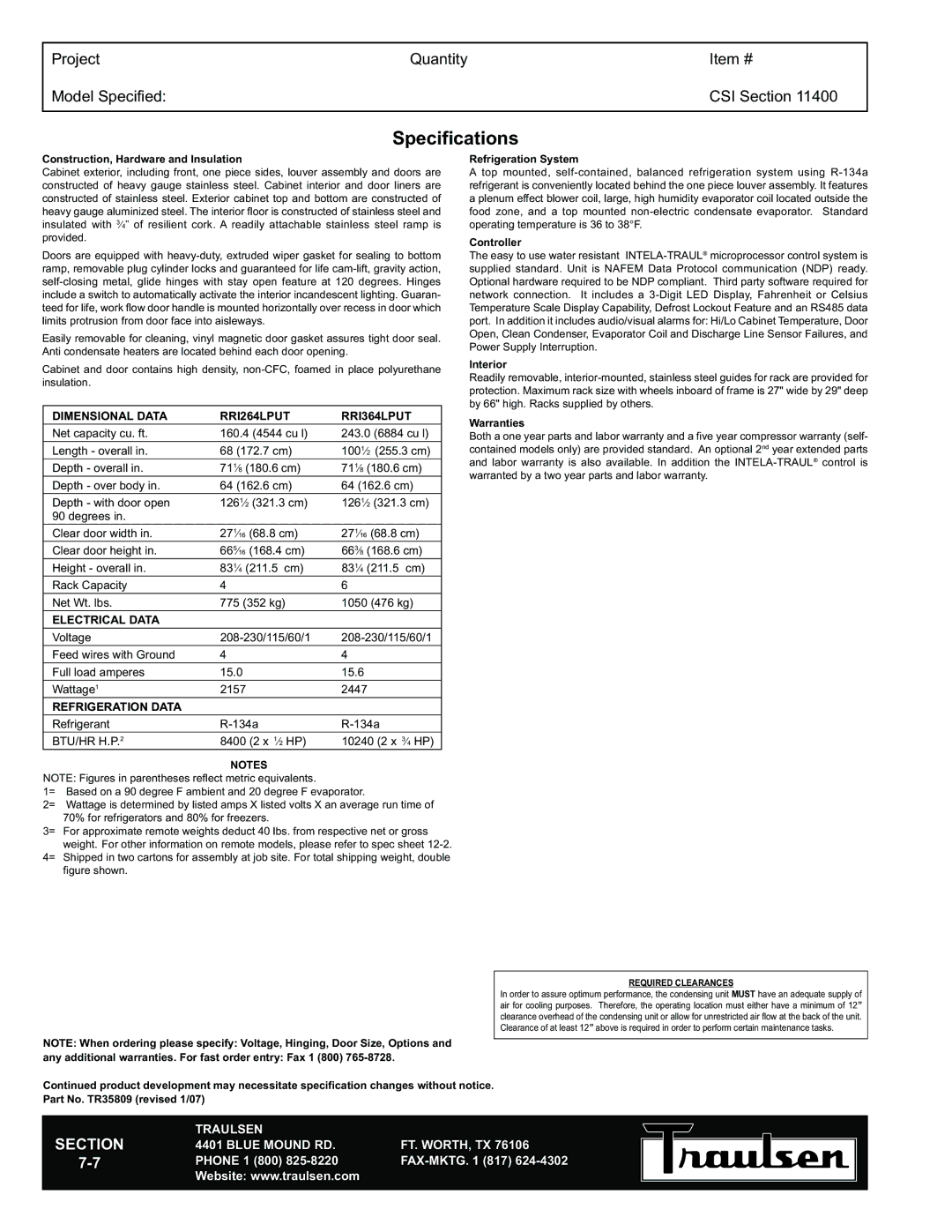 Traulsen RRI264LPUT-FHS warranty Specifications, Construction, Hardware and Insulation 