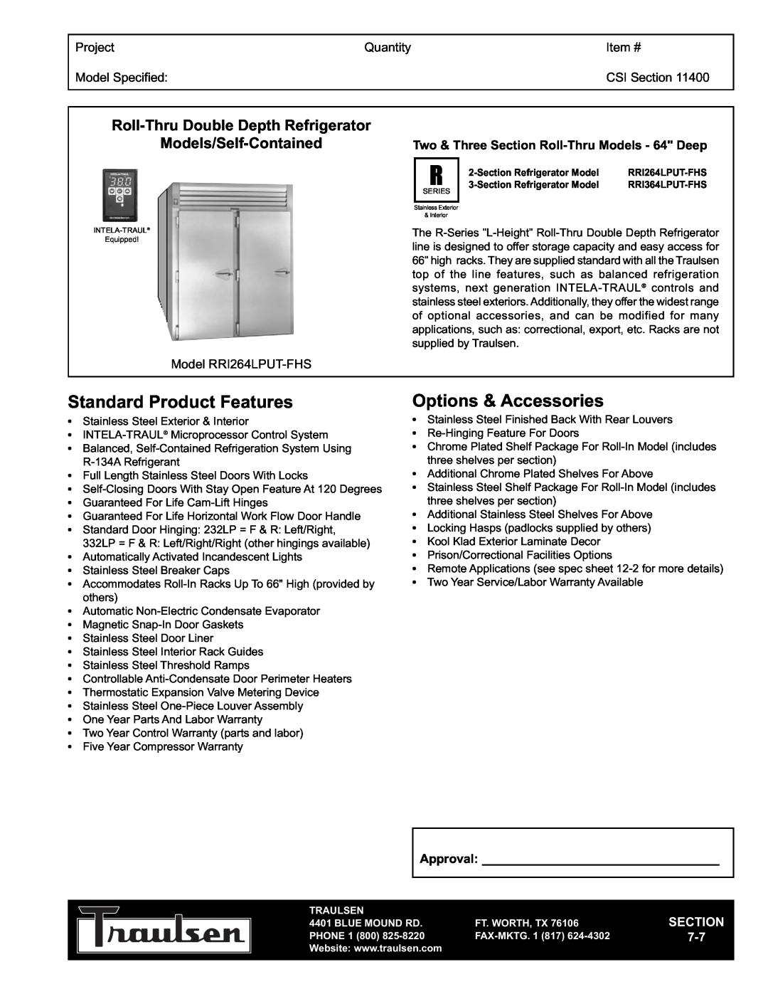 Traulsen RRI264LPUT-FHS warranty Roll-ThruDouble Depth Refrigerator, Models/Self-Contained, Project, Quantity, Item # 