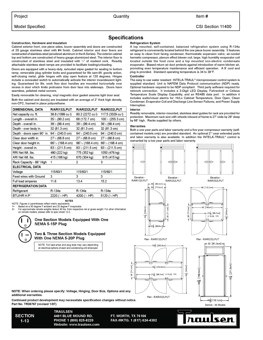 Traulsen RRI332LPUT-FHS warranty Specifications, Dimensional Data ARI132LPUT ARI232LPUT ARI332LPUT, Electrical Data 