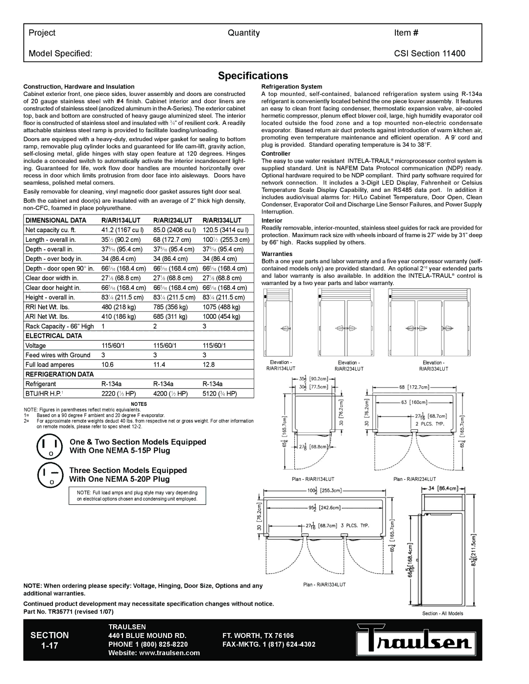 Traulsen RRI334LUT-FHS Specifications, Dimensional Data ARI134LUT ARI234LUT ARI334LUT, Electrical Data, Refrigeration Data 