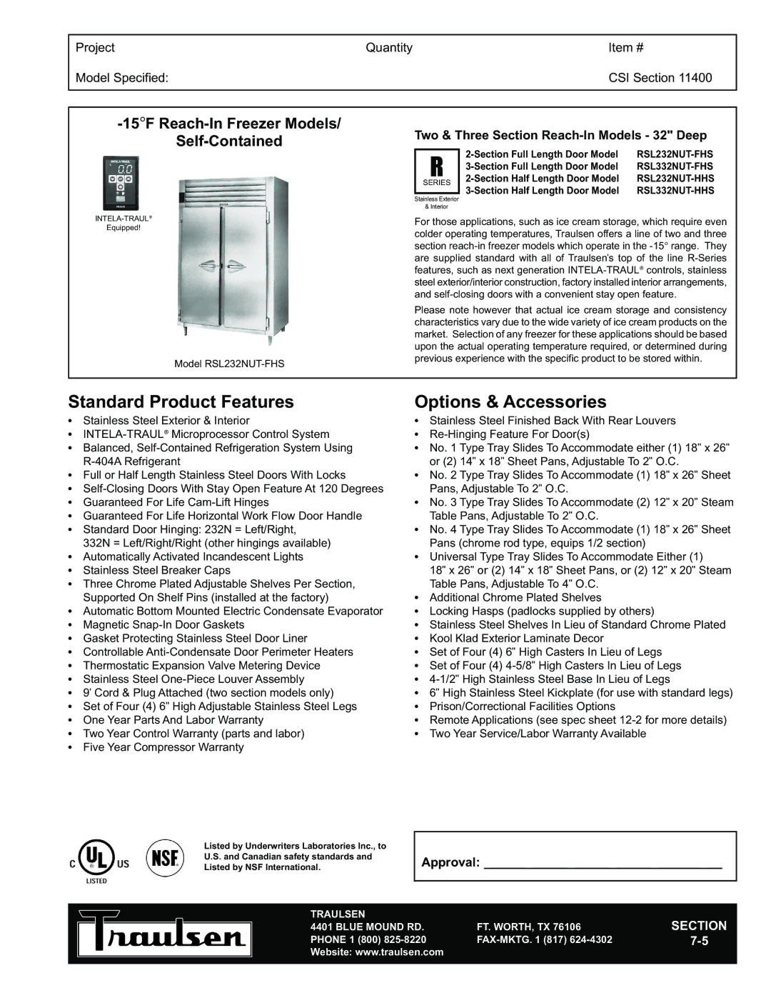 Traulsen RSL232NUT-FHS warranty 15F Reach-In Freezer Models Self-Contained, RSL332NUT-FHS, RSL232NUT-HHS, RSL332NUT-HHS 