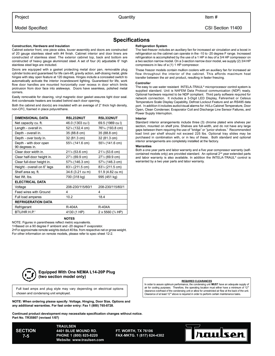 Traulsen RSL232NUT-FHS warranty Specifications, Dimensional Data RSL232NUT RSL332NUT, Electrical Data, Refrigeration Data 