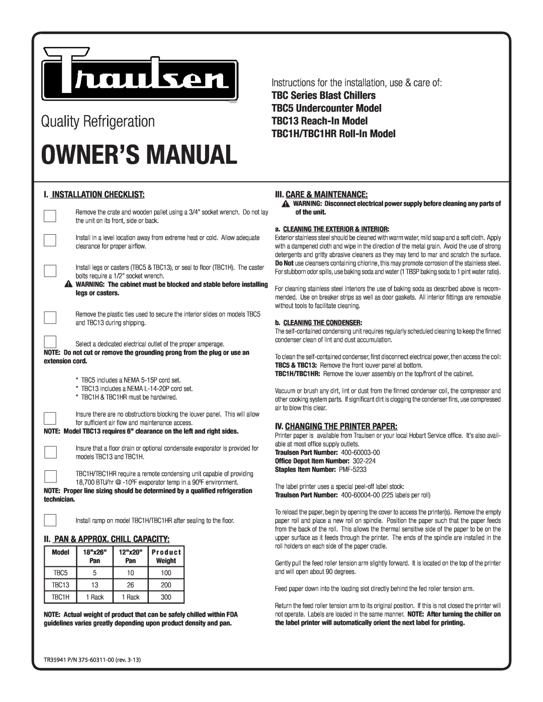 Traulsen TBC1HR, TBC5 owner manual I. Installation Checklist, Ii. Pan & Approx. Chill Capacity, Iii. Care & Maintenance 