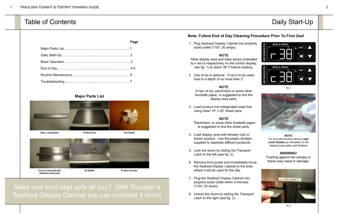 Traulsen TD048HT & TD078HT manual Table of Contents Daily Start-Up 