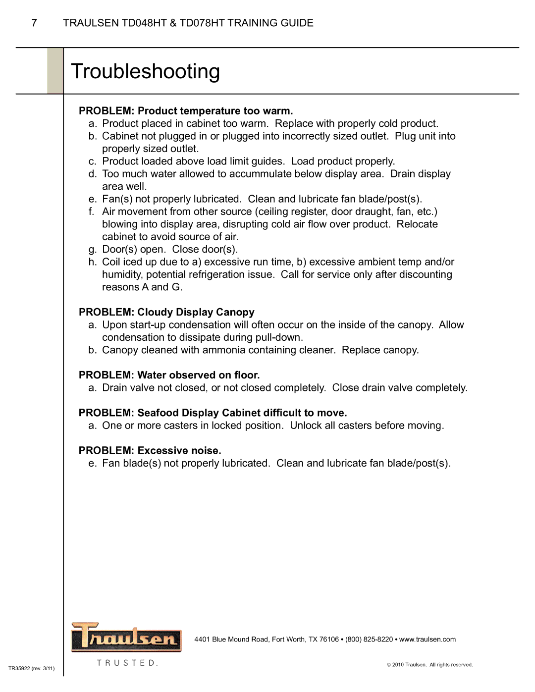 Traulsen TD048HT & TD078HT manual Troubleshooting, Problem Product temperature too warm 