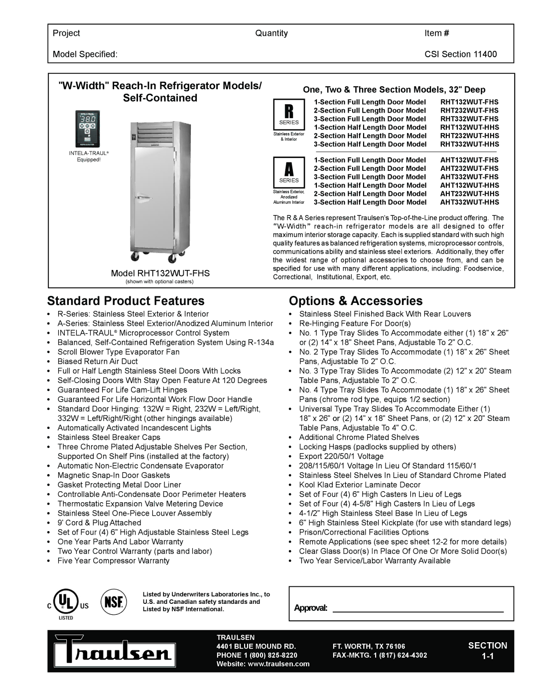 Traulsen TR35755 warranty Standard Product Features, Options & Accessories, Width Reach-In Refrigerator Models 