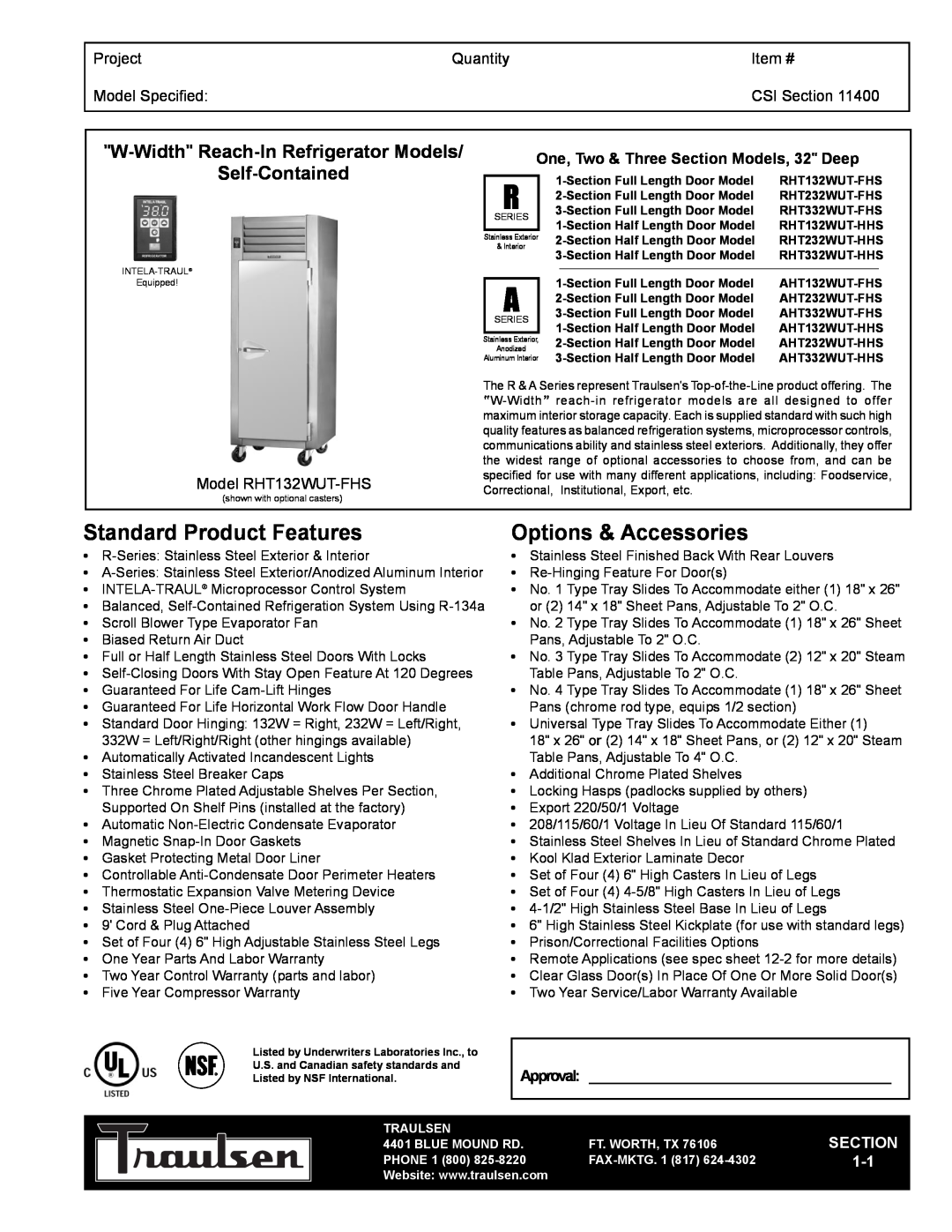 Traulsen TR35755 warranty W-Width Reach-InRefrigerator Models, Project, Quantity, Item #, Model Specified, CSI Section 