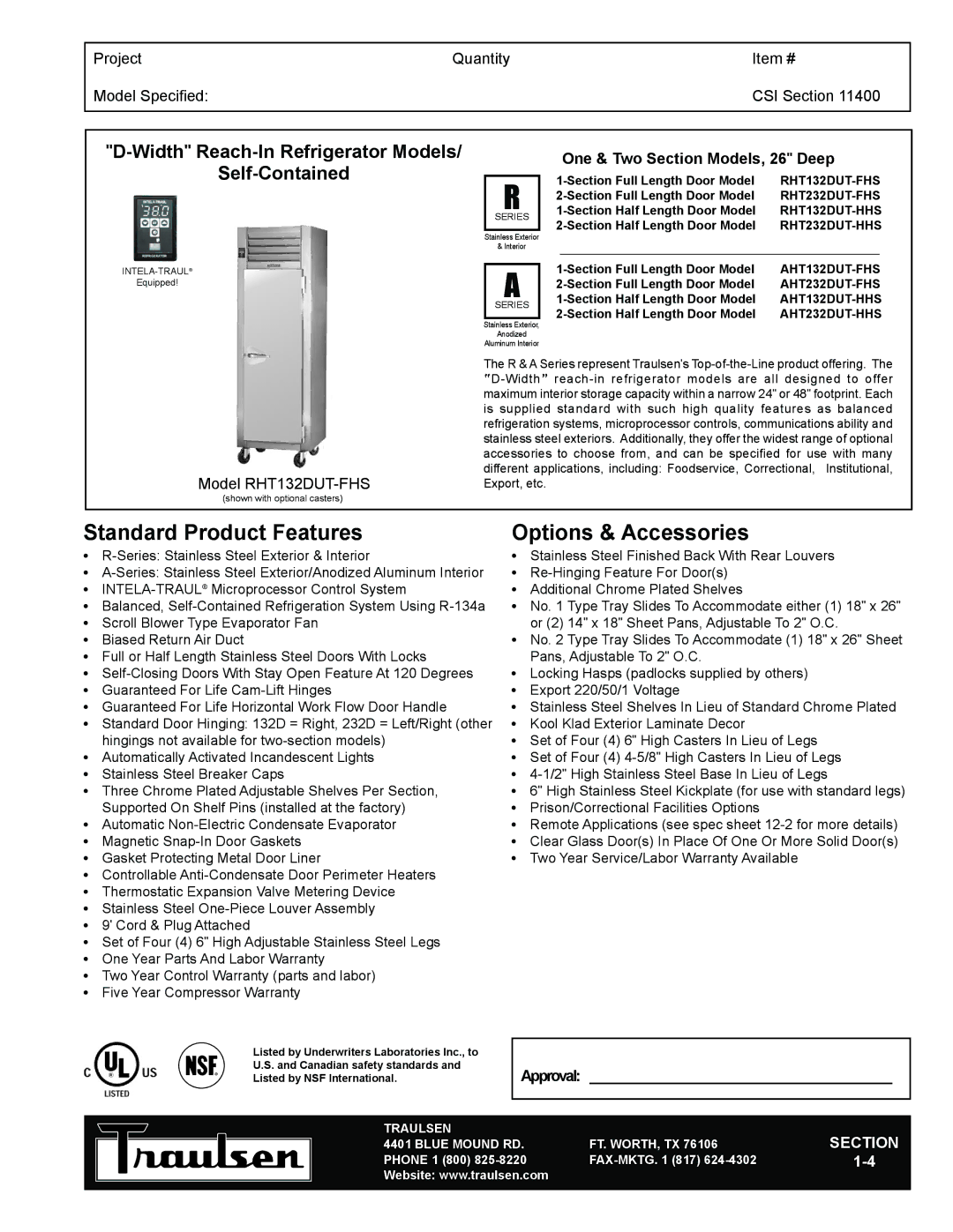 Traulsen TR35758 warranty Standard Product Features, Options & Accessories, Width Reach-In Refrigerator Models 