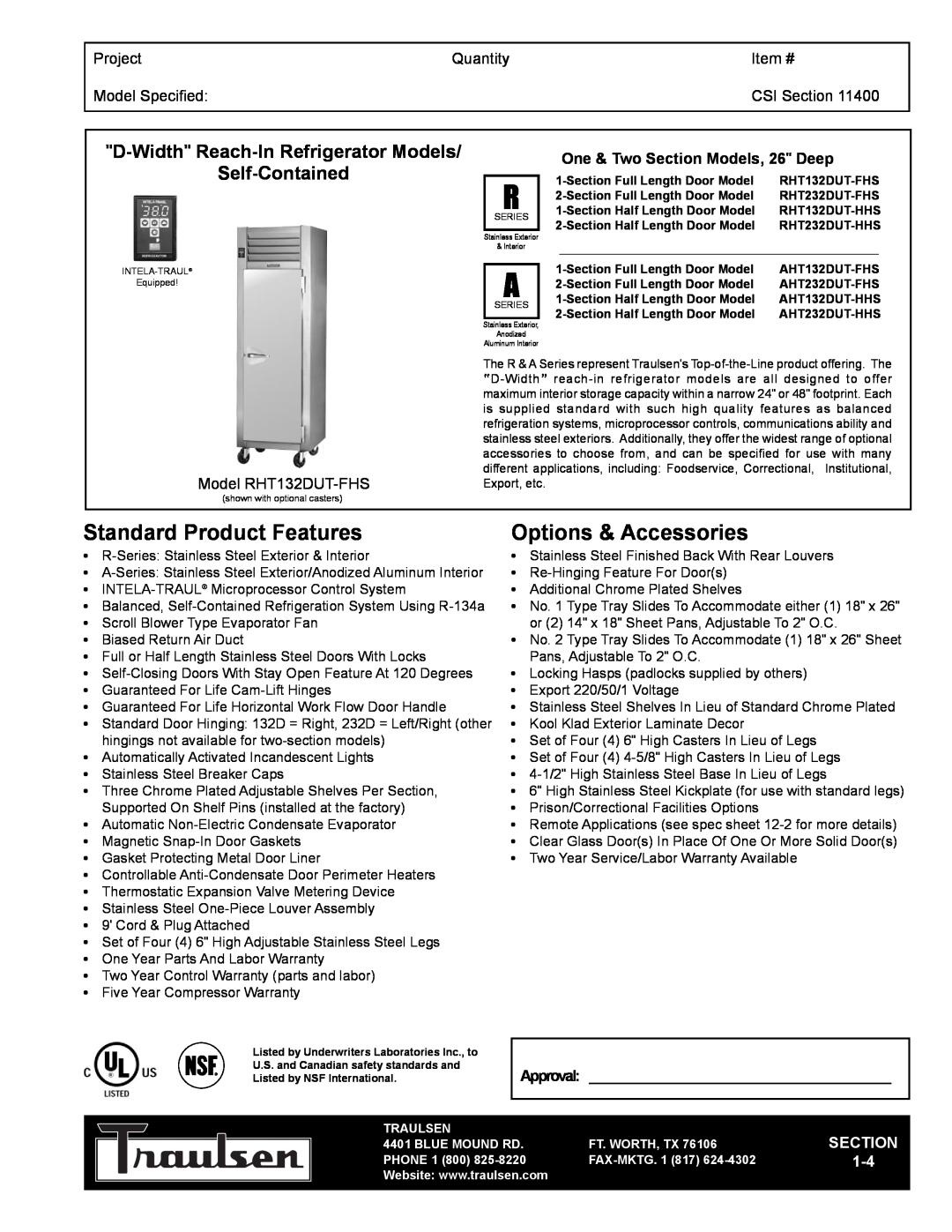 Traulsen TR35758 warranty D-Width Reach-InRefrigerator Models, Project, Quantity, Item #, Model Specified, CSI Section 