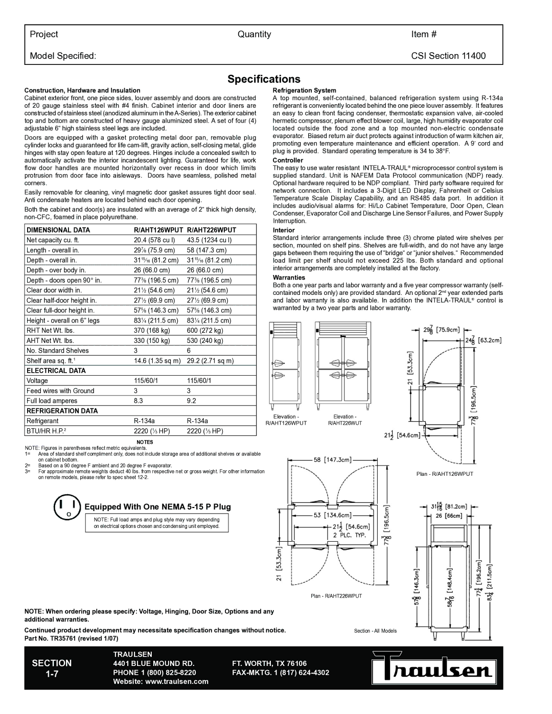 Traulsen TR35761 warranty Specifications, Dimensional Data AHT126WPUT AHT226WPUT, Electrical Data, Refrigeration Data 