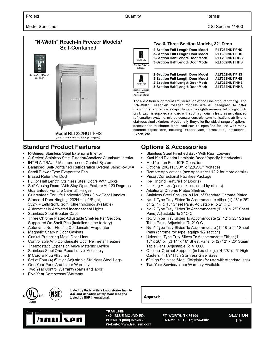 Traulsen TR35763 warranty Standard Product Features, Options & Accessories 