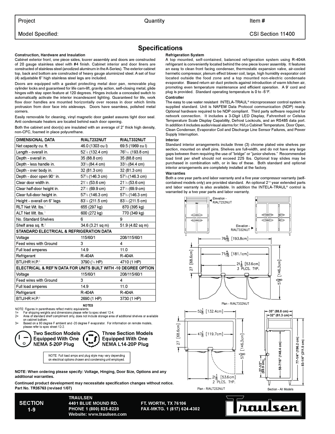 Traulsen TR35763 warranty Construction, Hardware and Insulation, Refrigeration System, Controller, Interior, Warranties 