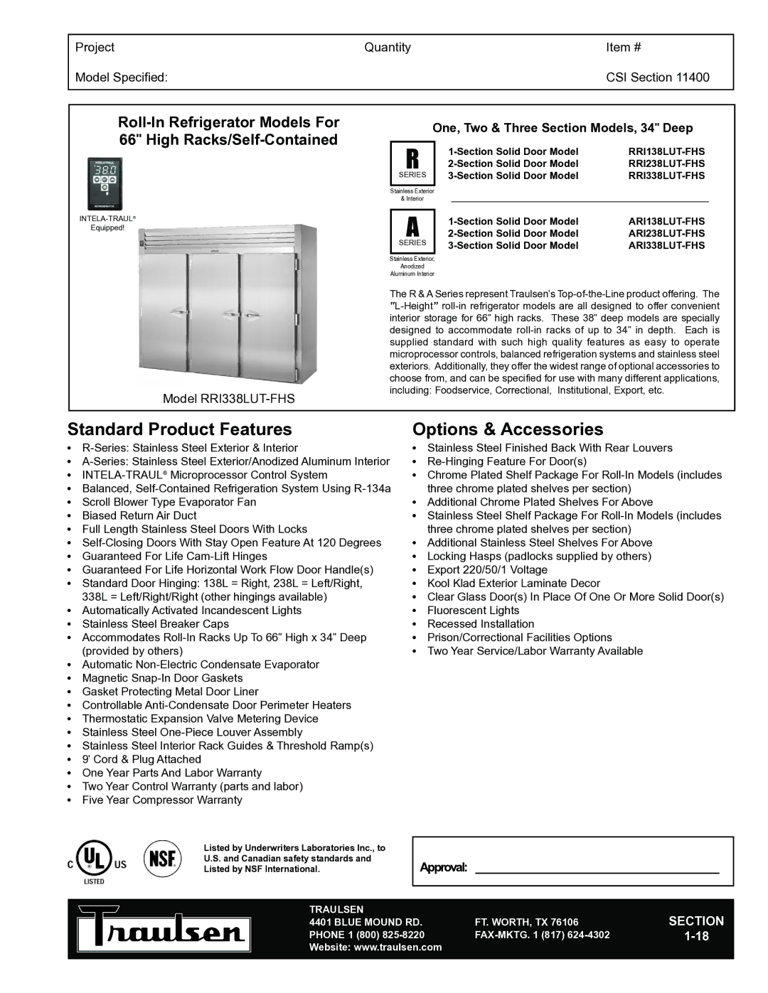 Traulsen TR35772 warranty Standard Product Features, Options & Accessories, Roll-In Refrigerator Models For 