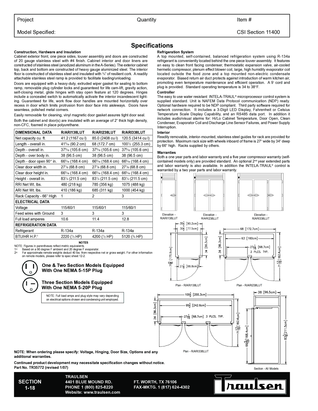 Traulsen TR35772 Specifications, Dimensional Data ARI138LUT ARI238LUT ARI338LUT, Electrical Data, Refrigeration Data 