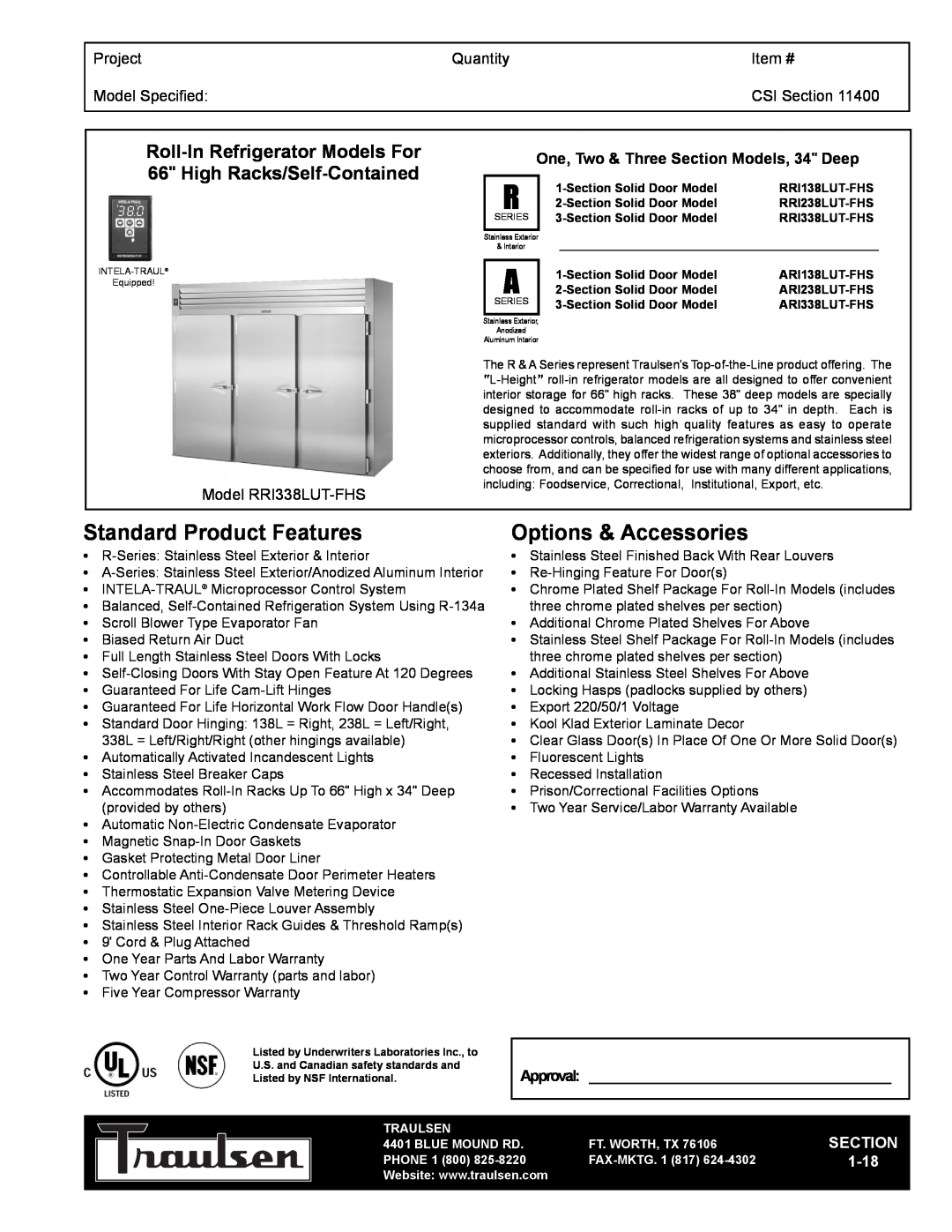 Traulsen TR35772 warranty Roll-InRefrigerator Models For, High Racks/Self-Contained, Project, Quantity, Item #, Section 