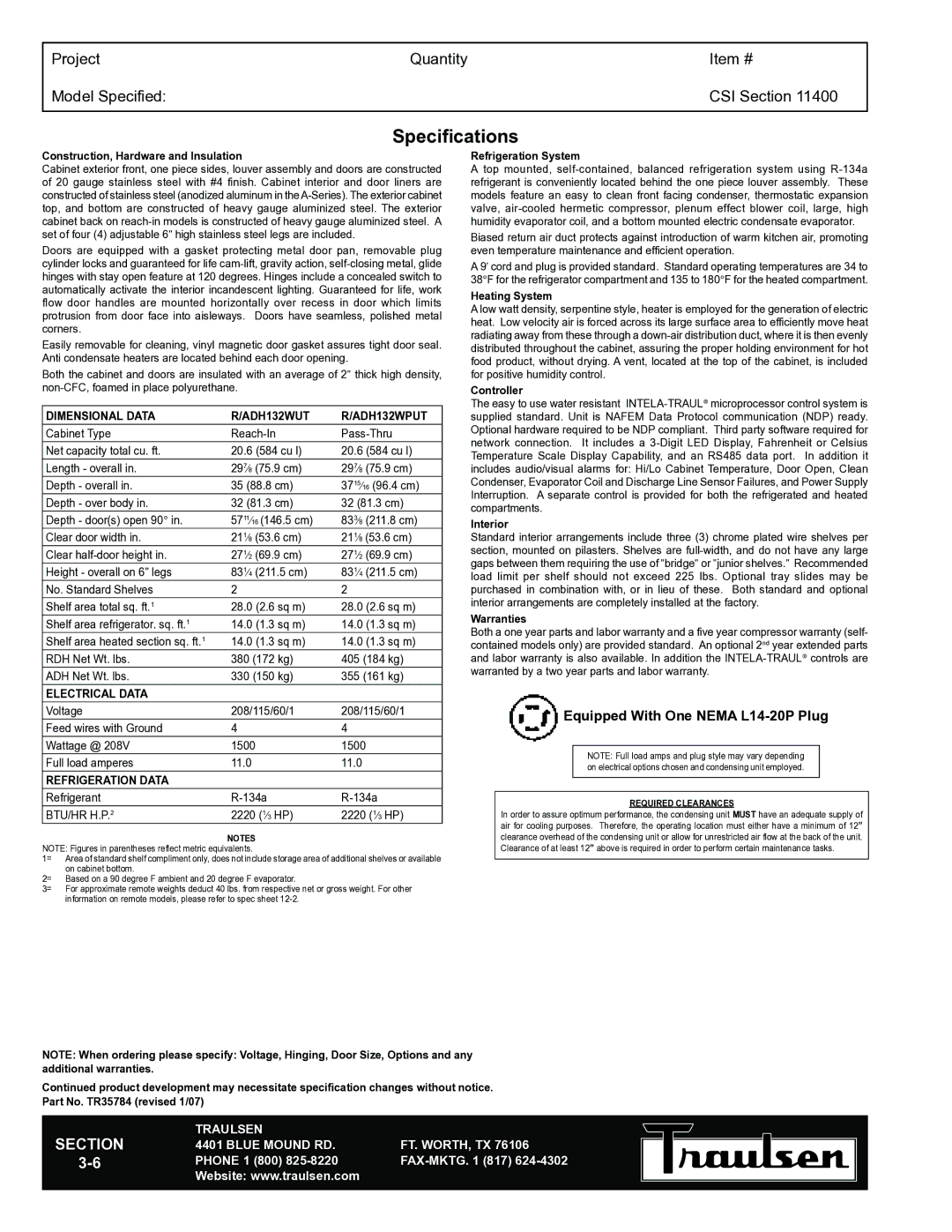 Traulsen TR35784 warranty Specifications, Construction, Hardware and Insulation 