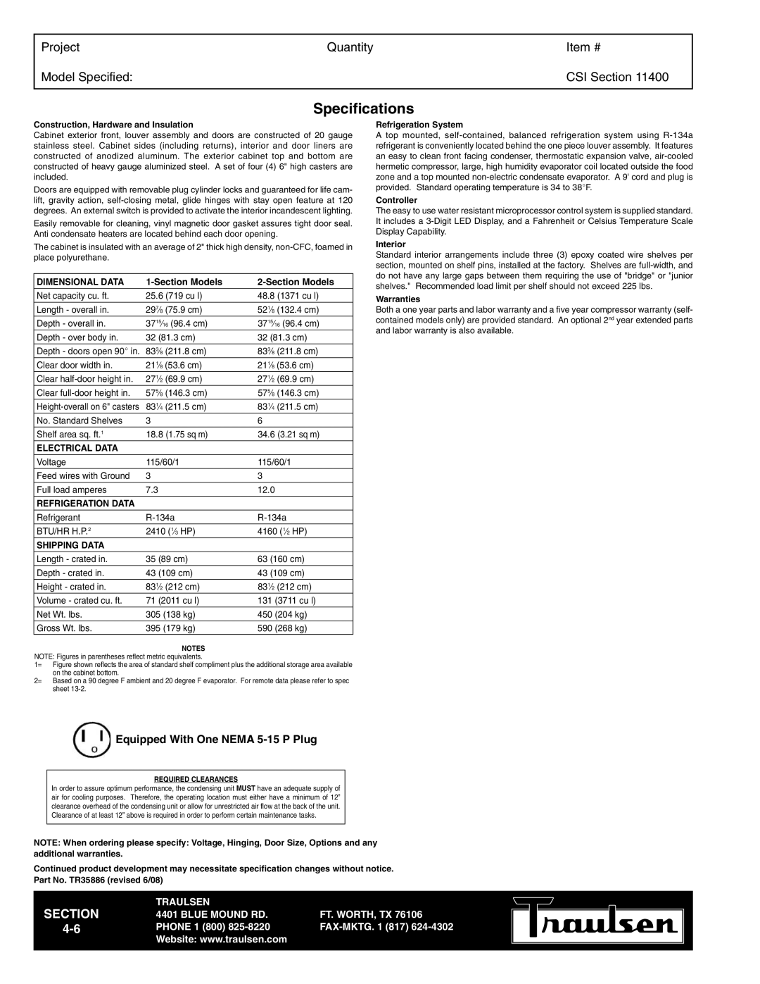 Traulsen TR35786 warranty Specifications 