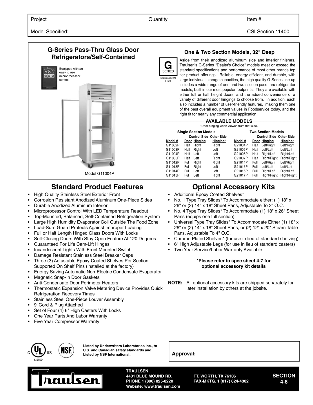 Traulsen TR35786 warranty G-Series Pass-ThruGlass Door, Refrigerators/Self-Contained, Project, Quantity, Item #, Section 