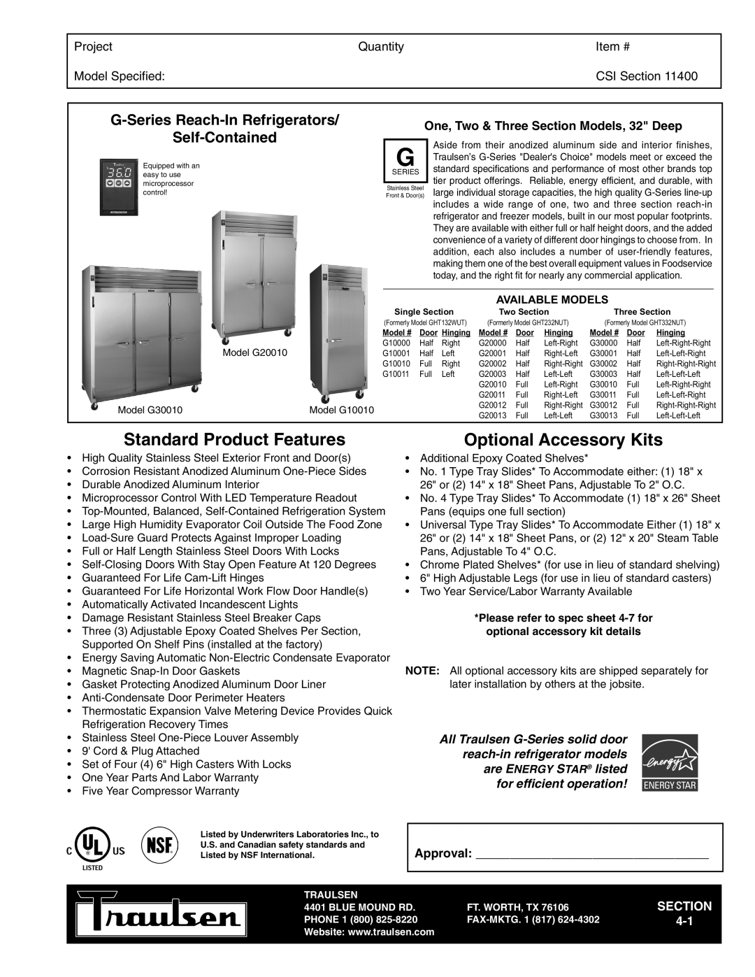 Traulsen TR35787 warranty Standard Product Features, Optional Accessory Kits, Series Reach-In Refrigerators 