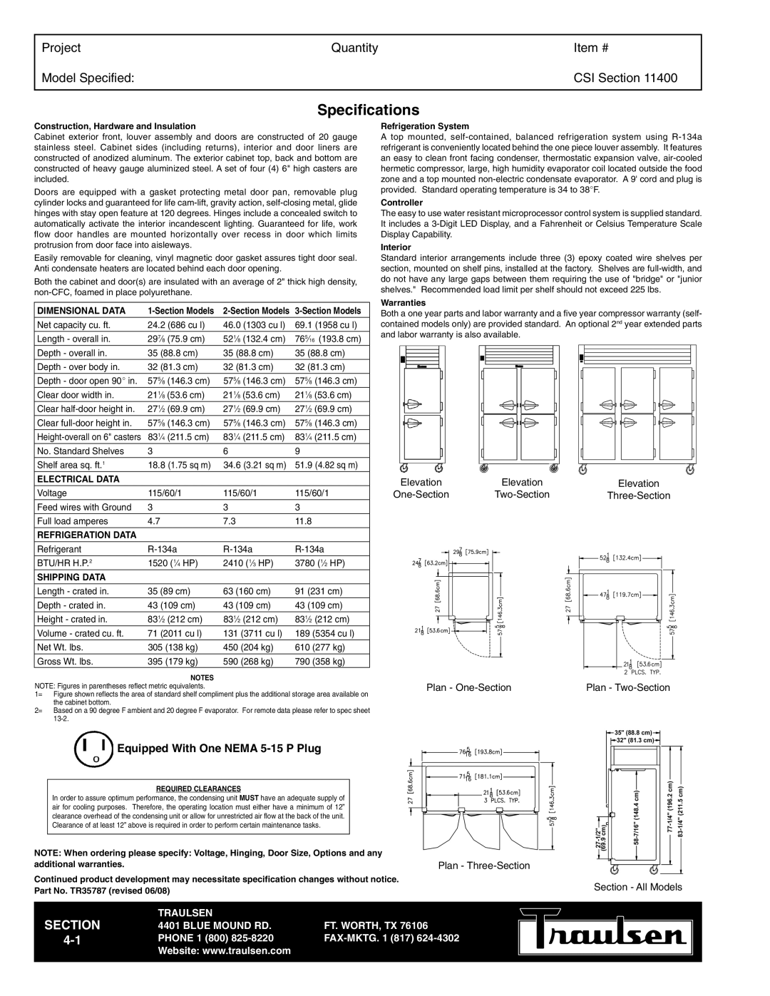 Traulsen TR35787 warranty Specifications, Dimensional Data, Electrical Data, Refrigeration Data, Shipping Data 