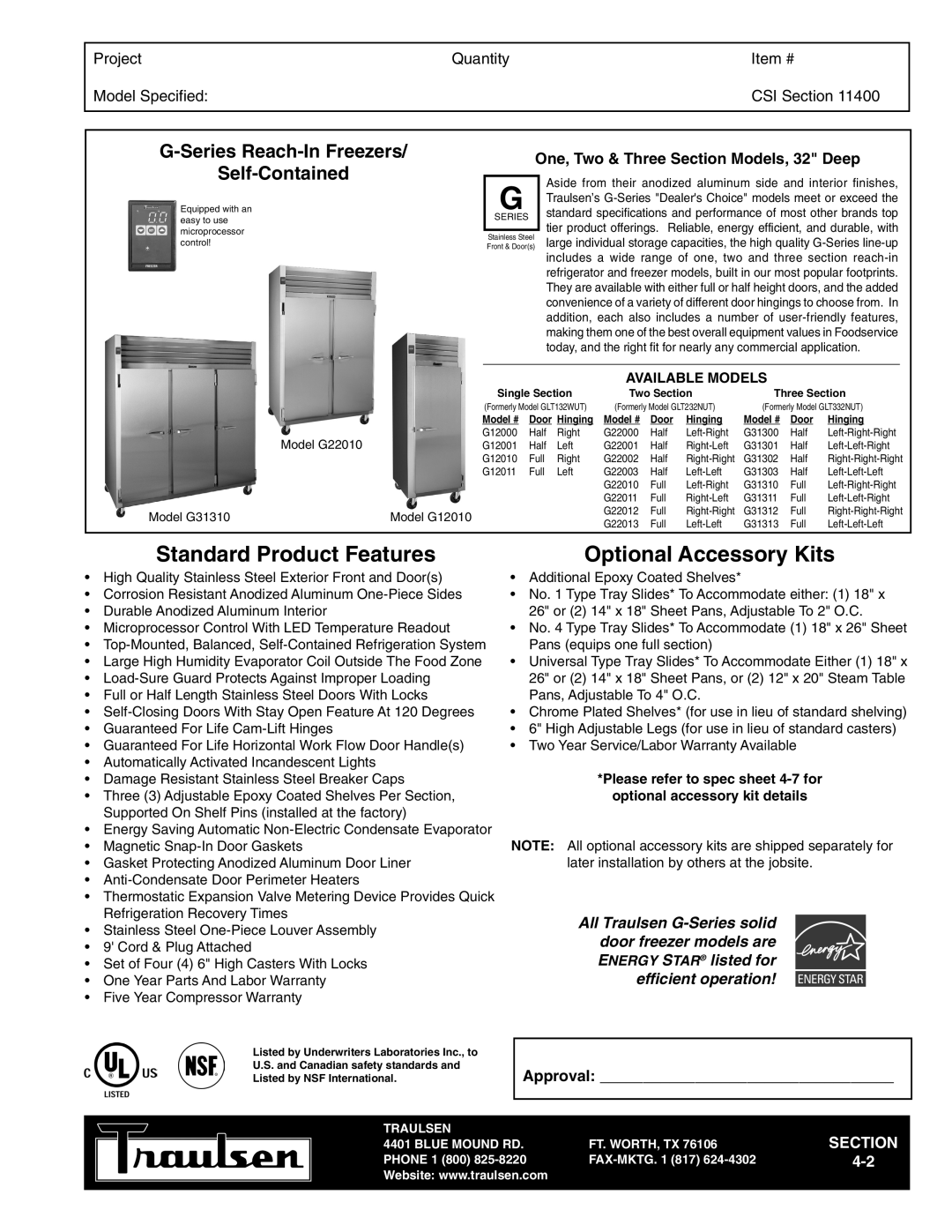 Traulsen TR35788 warranty Standard Product Features, Optional Accessory Kits, Series Reach-In Freezers, Self-Contained 