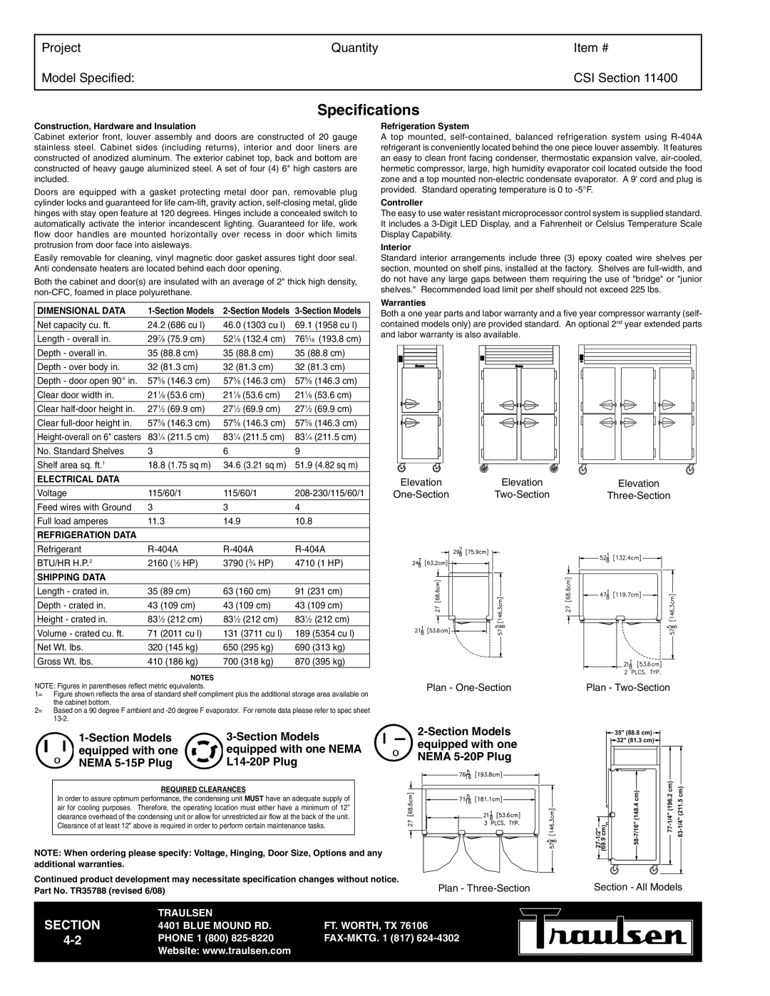 Traulsen TR35788 warranty Specifications, Elevation, Plan One-SectionPlan Two-Section, Plan Three-Section 