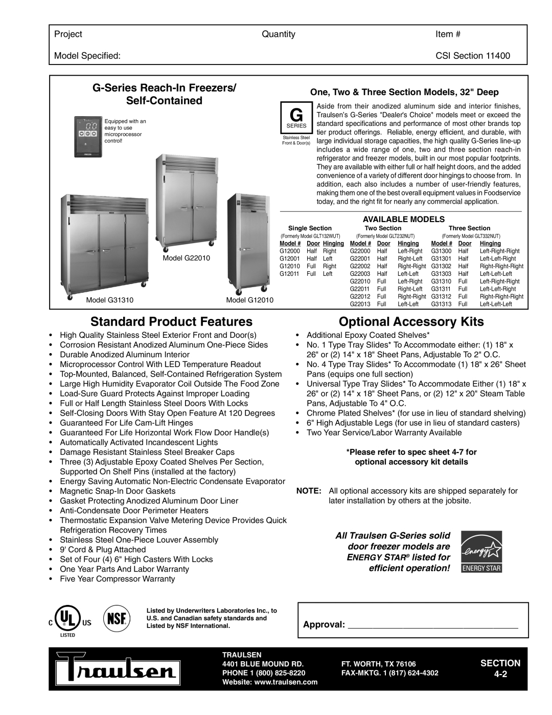 Traulsen TR35788 warranty G-Series Reach-InFreezers, Self-Contained, Project, Quantity, Item #, Model Specified, Section 