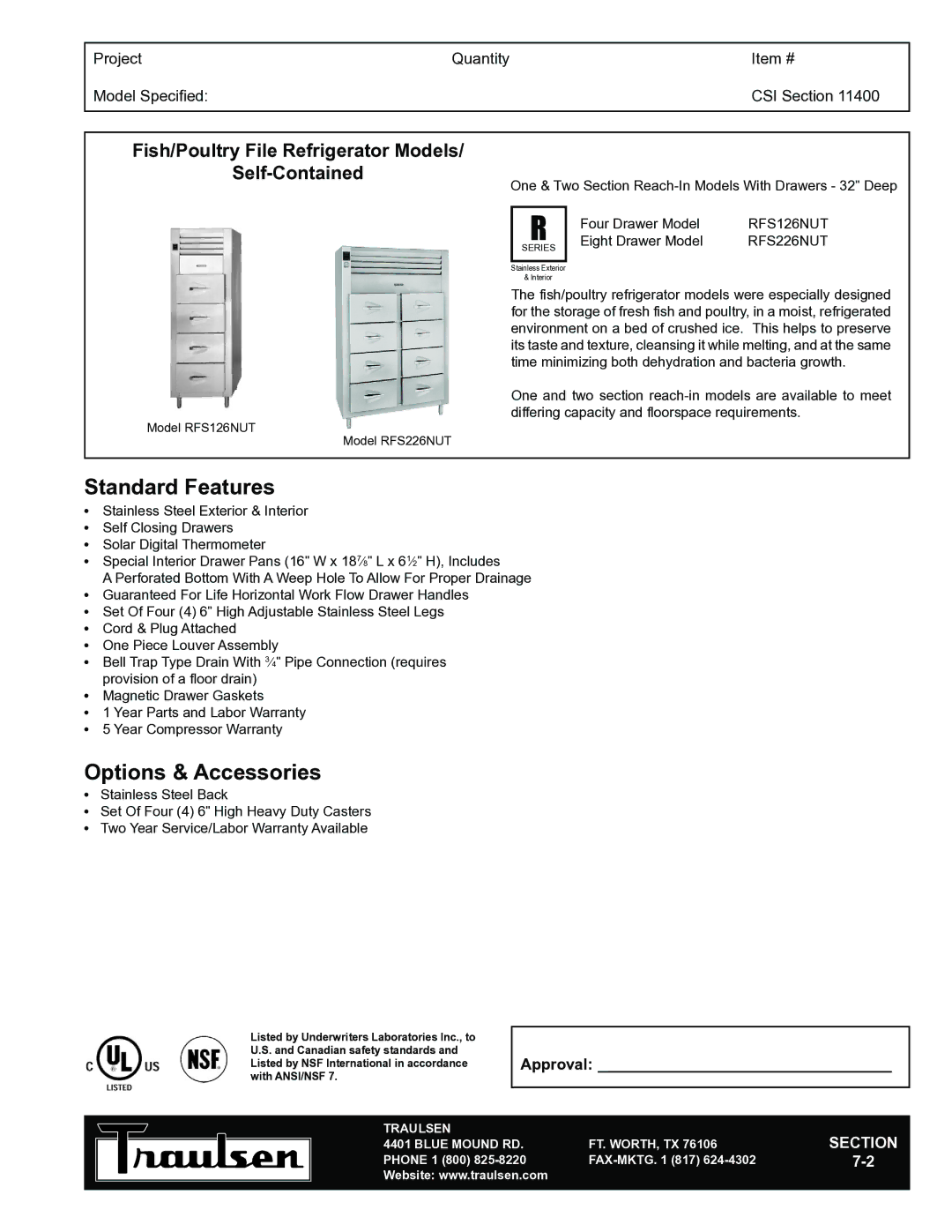 Traulsen TR35804 warranty Standard Features, Options & Accessories 