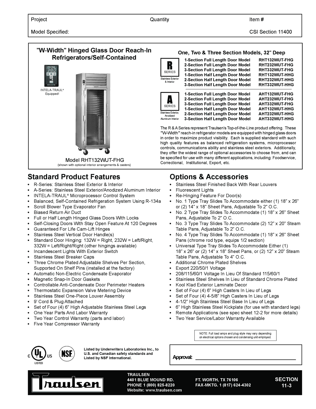 Traulsen TR35827 warranty Standard Product Features, Options & Accessories, Width Hinged Glass Door Reach-In 