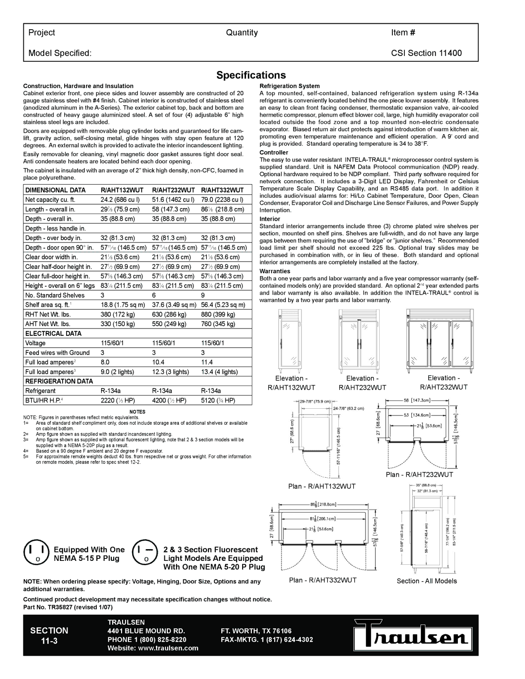 Traulsen TR35827 warranty Specifications, Dimensional Data AHT132WUT AHT232WUT AHT332WUT, Electrical Data 