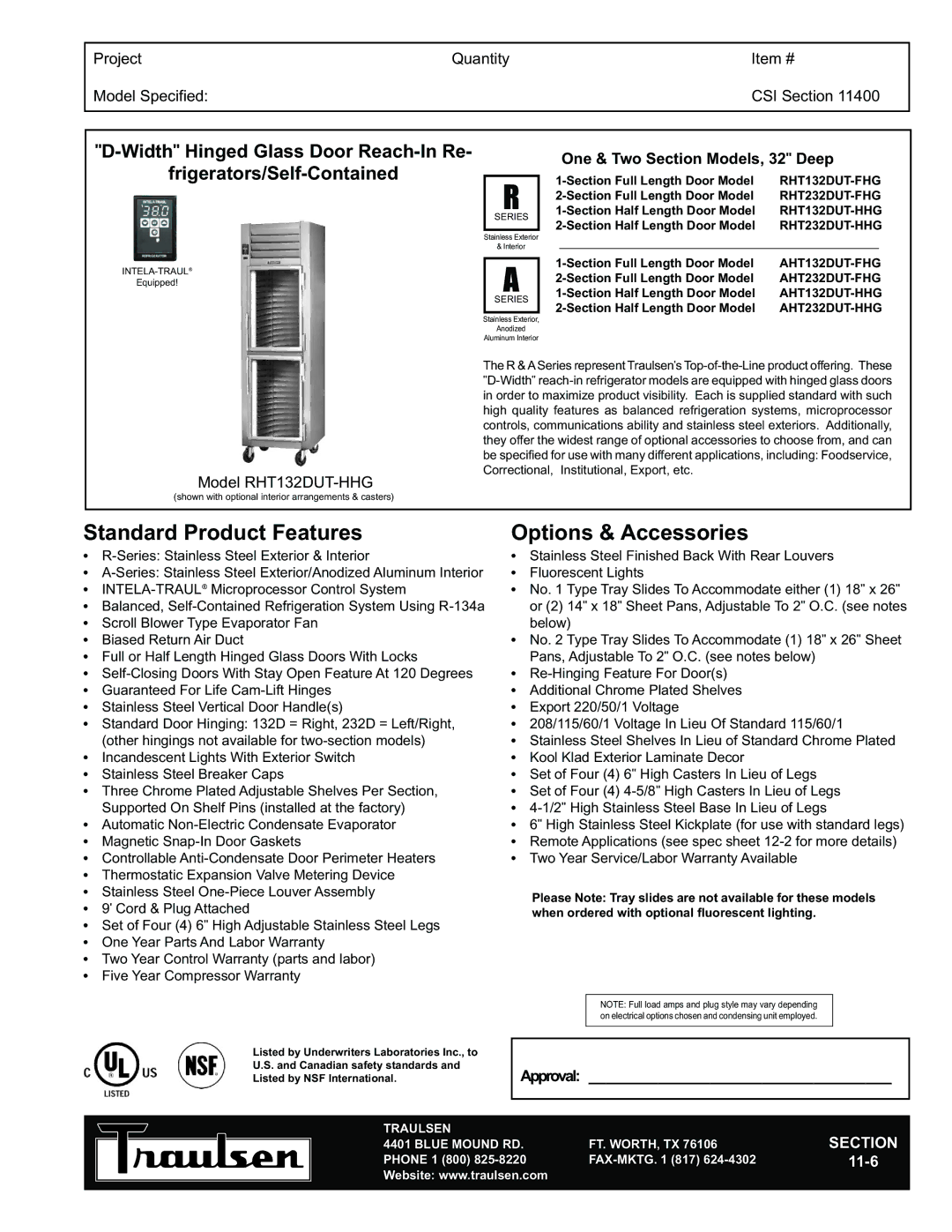 Traulsen TR35832 warranty Standard Product Features, Options & Accessories, Width Hinged Glass Door Reach-In Re 