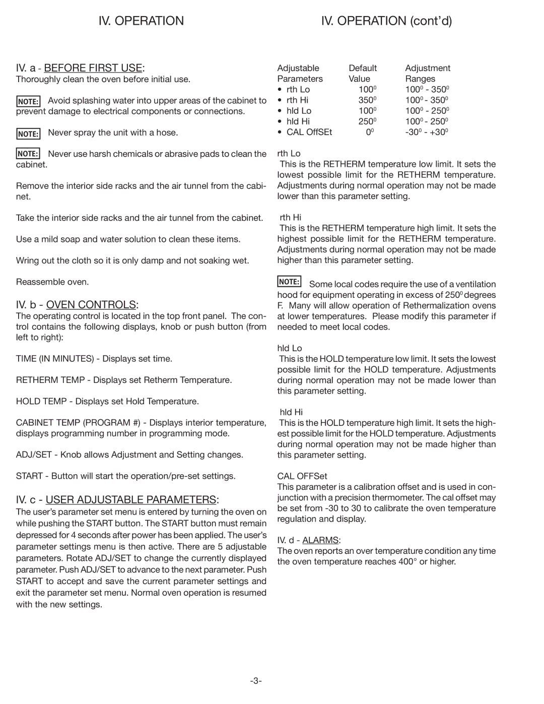 Traulsen TRT32R owner manual IV. Operation, IV. a Before First USE, IV. b Oven Controls, IV. c User Adjustable Parameters 