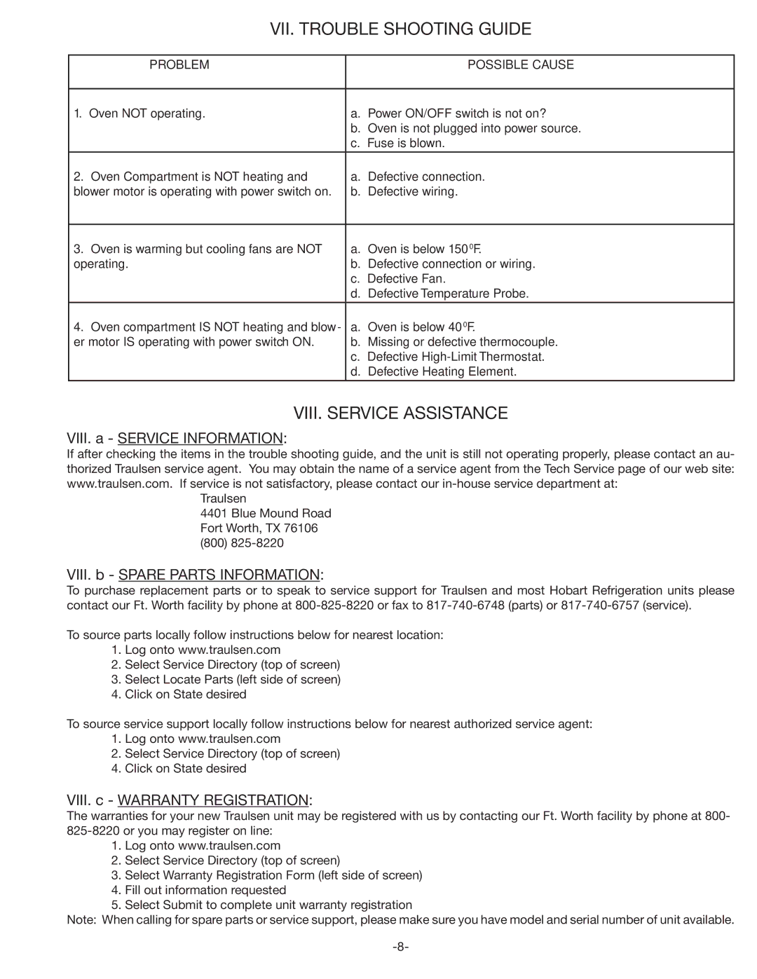 Traulsen TRT32R owner manual VII. Trouble Shooting Guide, VIII. Service Assistance, VIII. a Service Information 