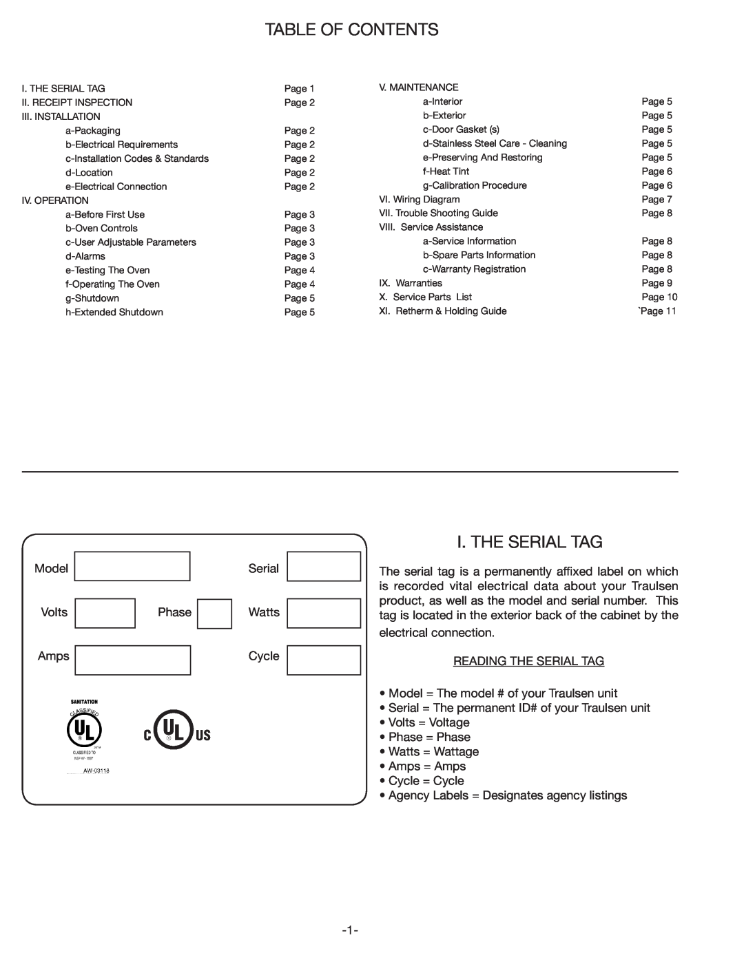 Traulsen TRT32R owner manual Table Of Contents, I. The Serial Tag 