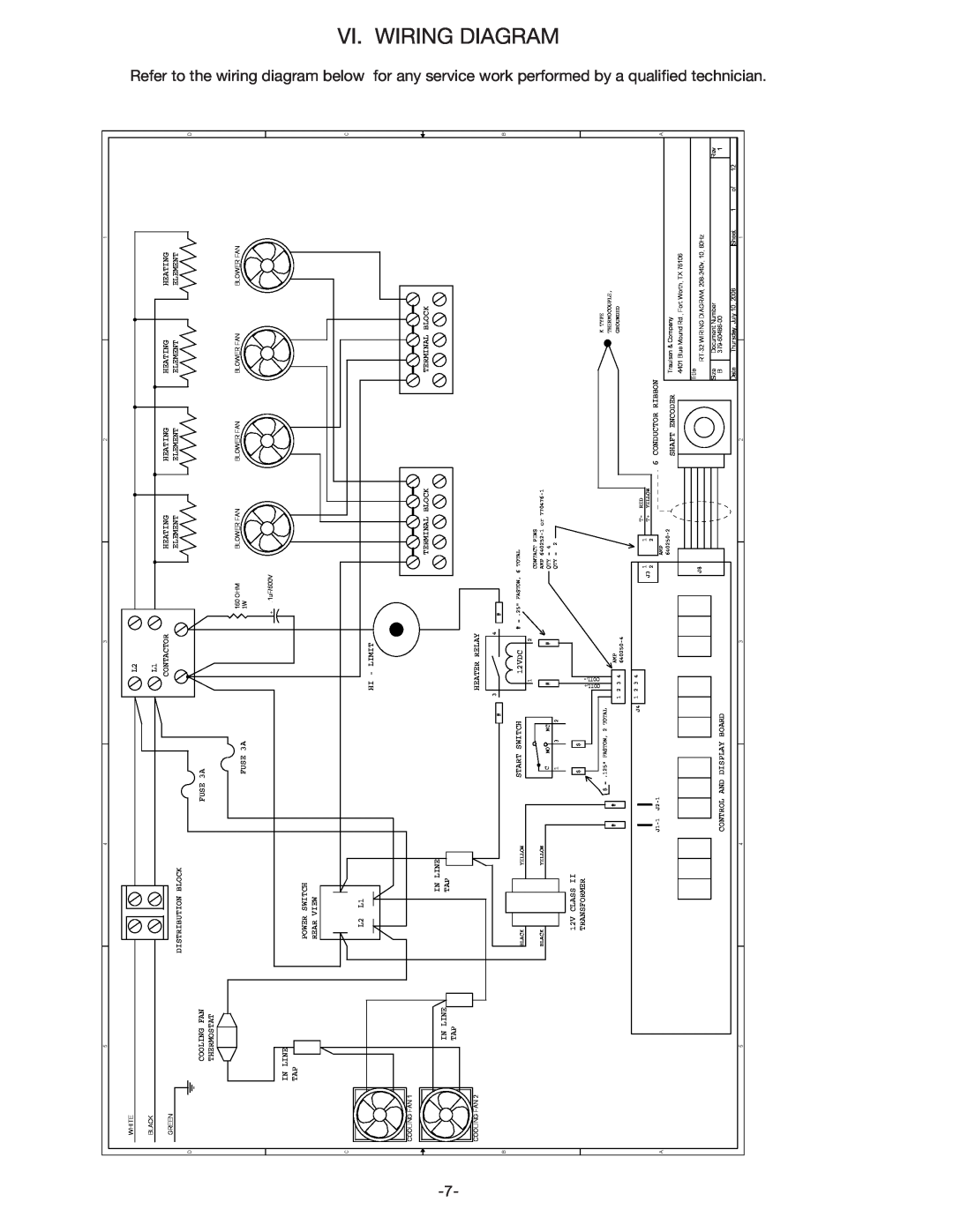 Traulsen TRT32R owner manual Wiring Diagram, Refer, wiring, diagram, below, for any service work performed by, technician 