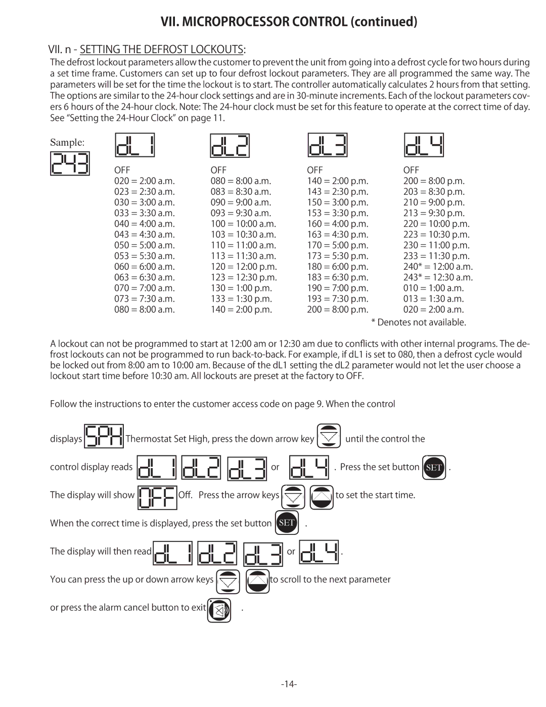 Traulsen TU044LT, TU072HT, TU100HT, TU072LT, TU044HT owner manual VII. n Setting the Defrost Lockouts, Sample 