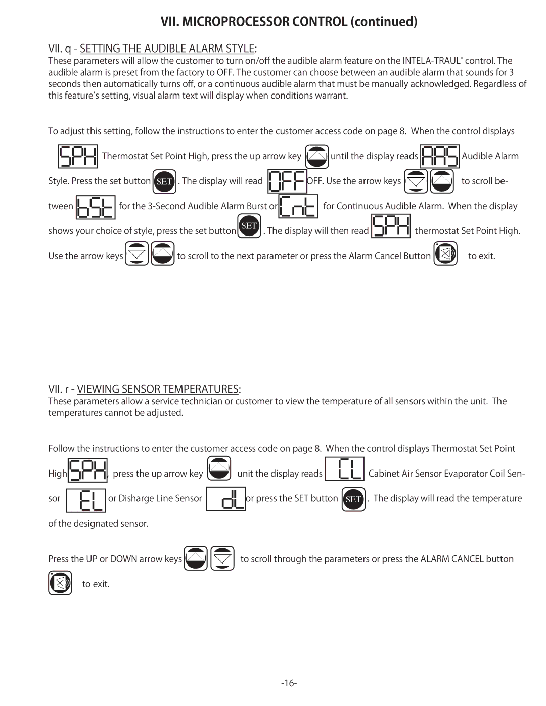 Traulsen TU100HT, TU044LT, TU072HT, TU072LT VII. q Setting the Audible Alarm Style, VII. r Viewing Sensor Temperatures 