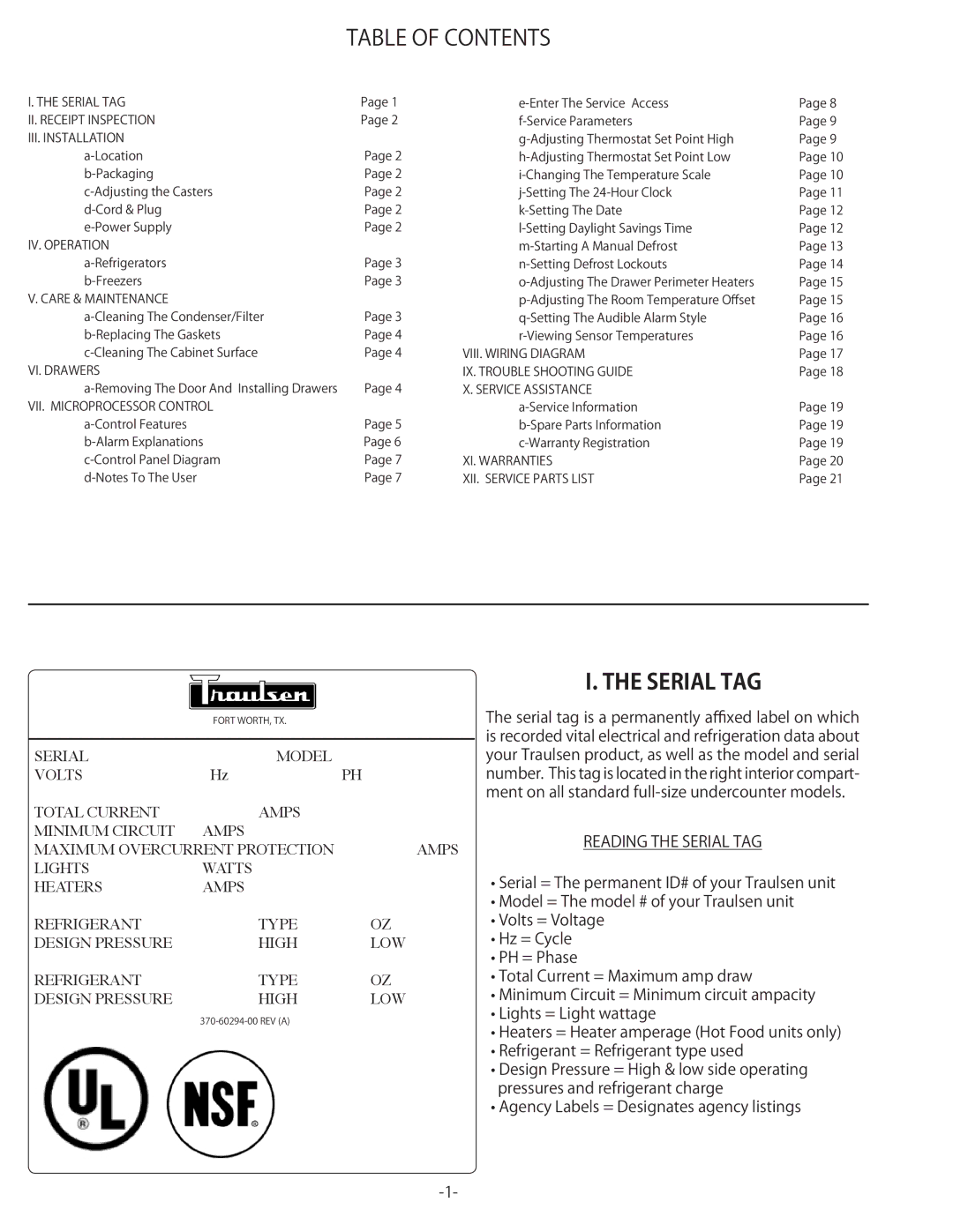 Traulsen TU100HT, TU044LT, TU072HT, TU072LT, TU044HT owner manual Table of Contents, Serial TAG 