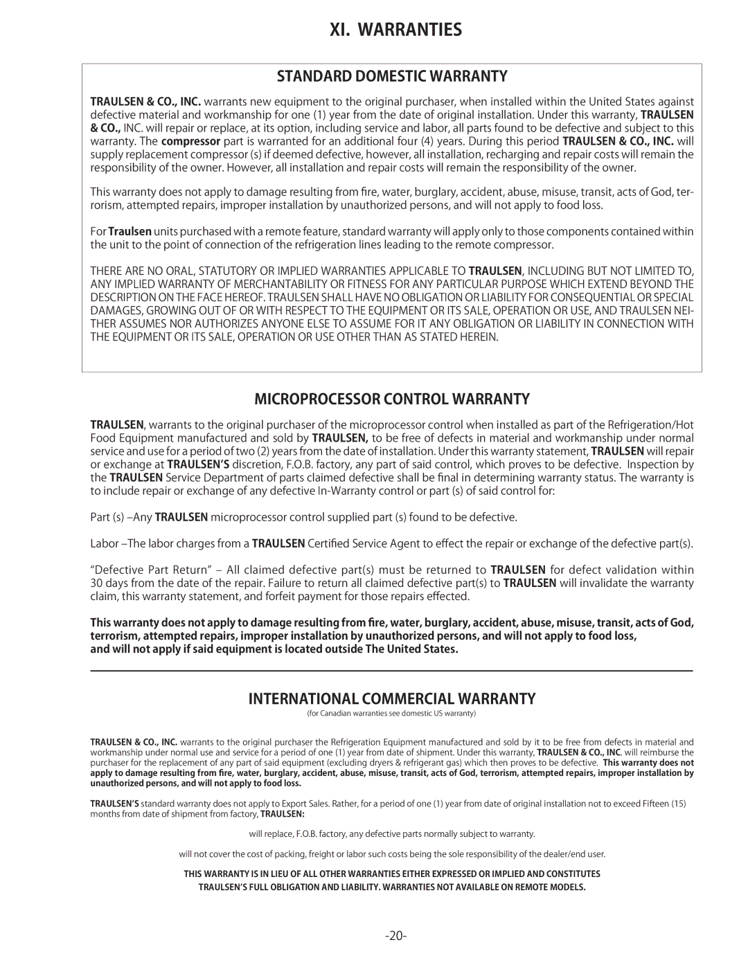 Traulsen TU072HT, TU044LT, TU100HT, TU072LT, TU044HT owner manual XI. Warranties, Standard Domestic Warranty 