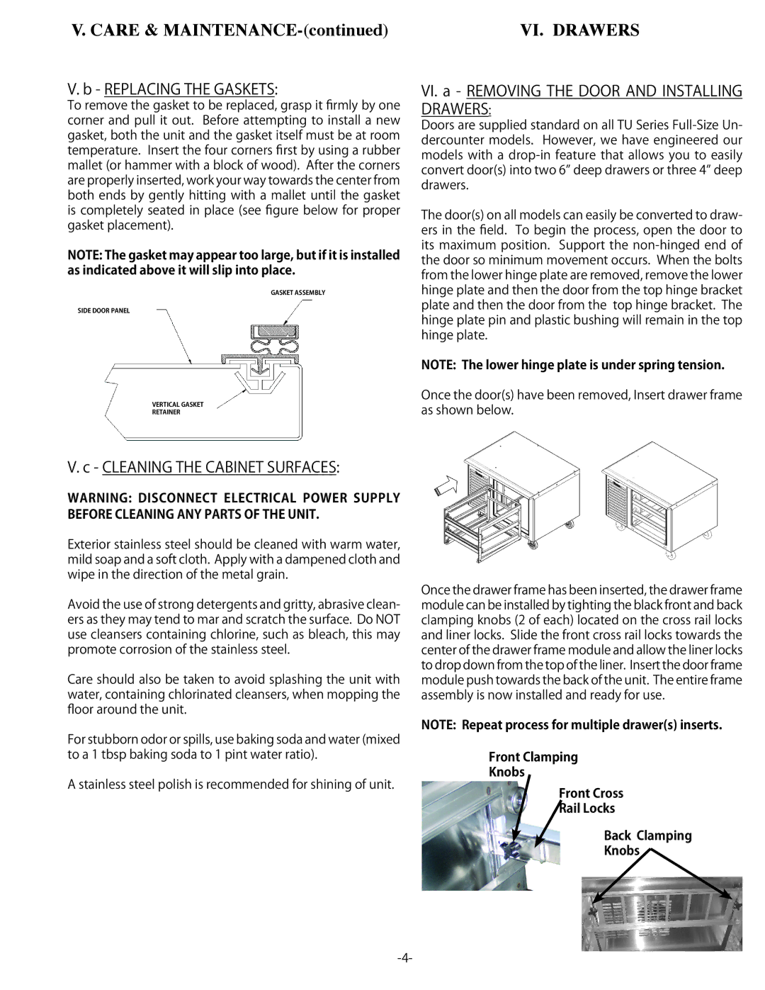 Traulsen TU044LT Replacing the Gaskets, VI. a Removing the Door and Installing Drawers, Cleaning the Cabinet Surfaces 