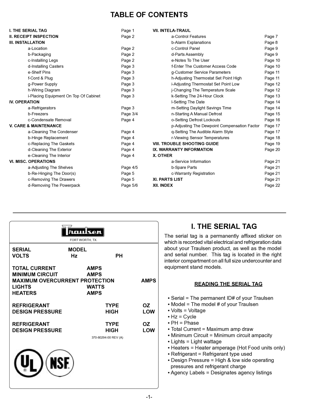 Traulsen UC Series, UL Series owner manual Table of Contents, Serial TAG 