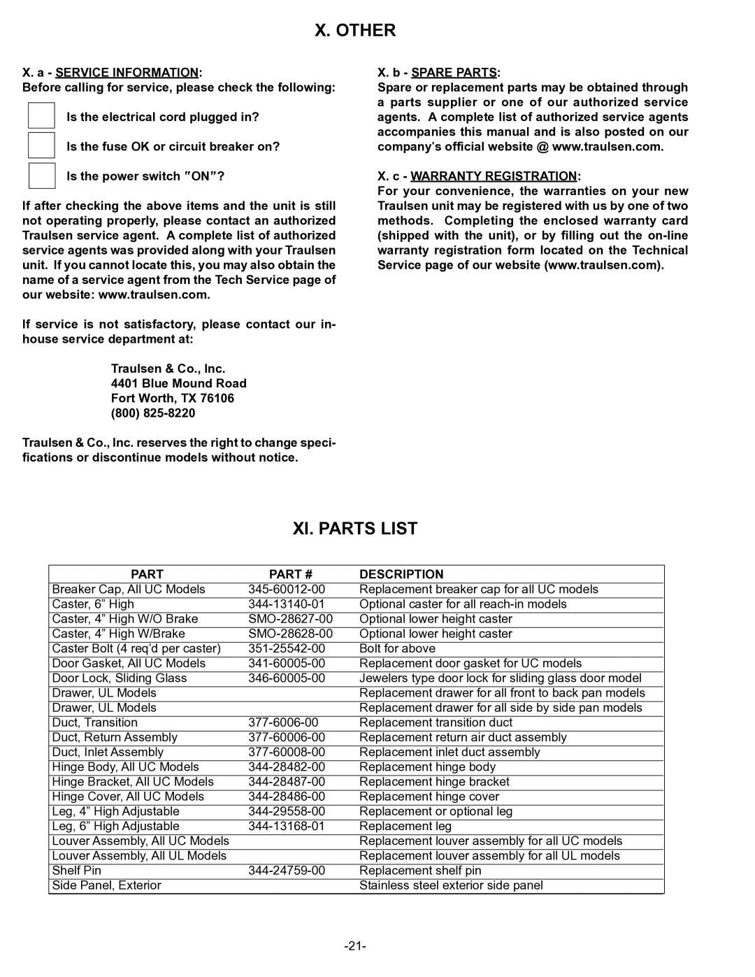 Traulsen UC Series, UL Series owner manual Other, XI. Parts List, Part Description 