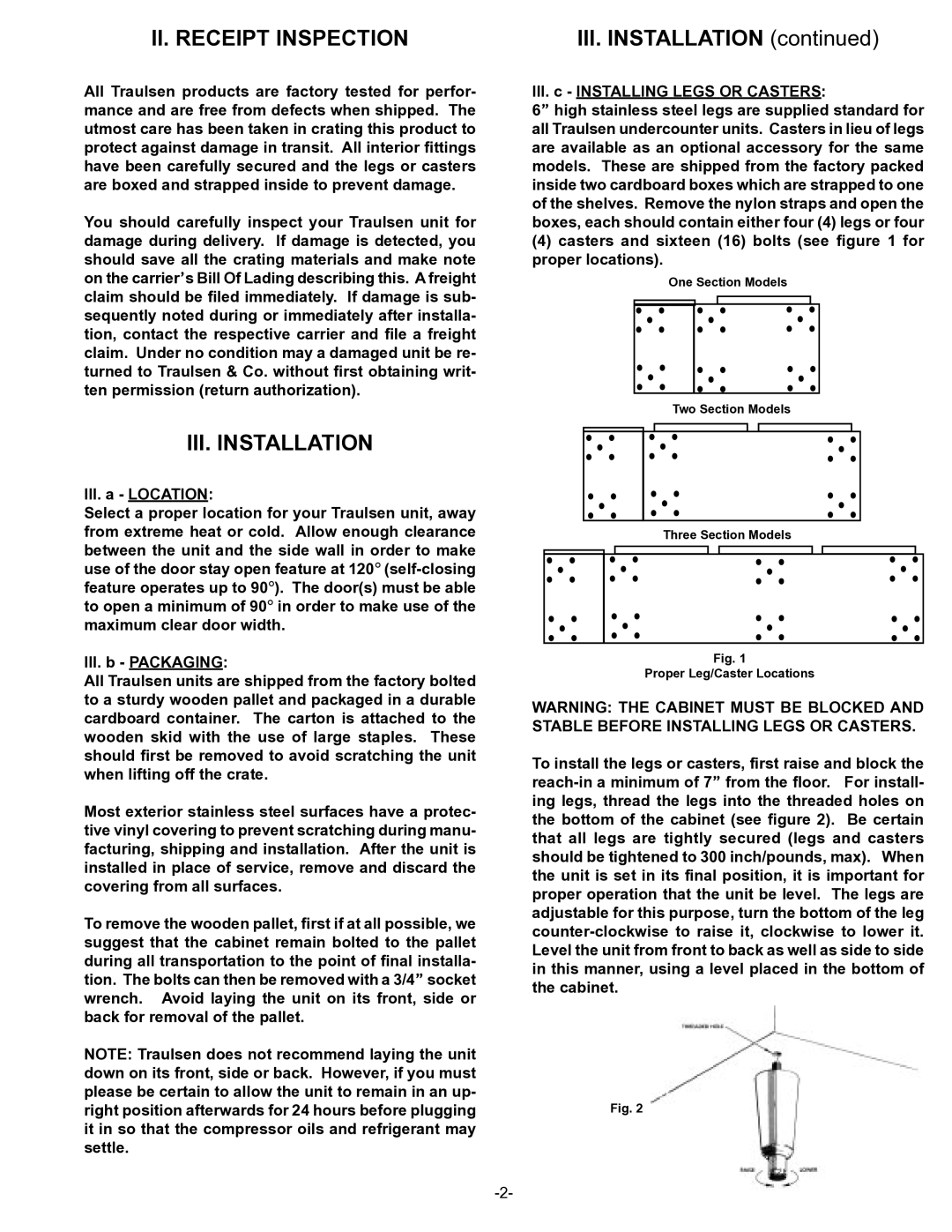 Traulsen UL Series II. Receipt Inspection, III. Installation, Casters and sixteen 16 bolts see for proper locations 