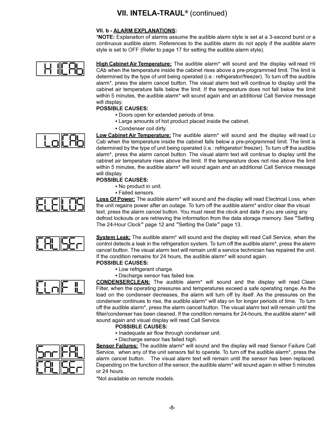 Traulsen UL Series, UC Series owner manual VII. b Alarm Explanations, Possible Causes 