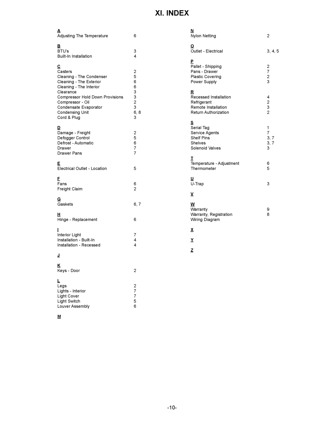 Traulsen UR48DT, UC27WT, UC27HT, UR48HT, UR48WT, UR30HT, UR30WT, UR30LT owner manual XI. Index 