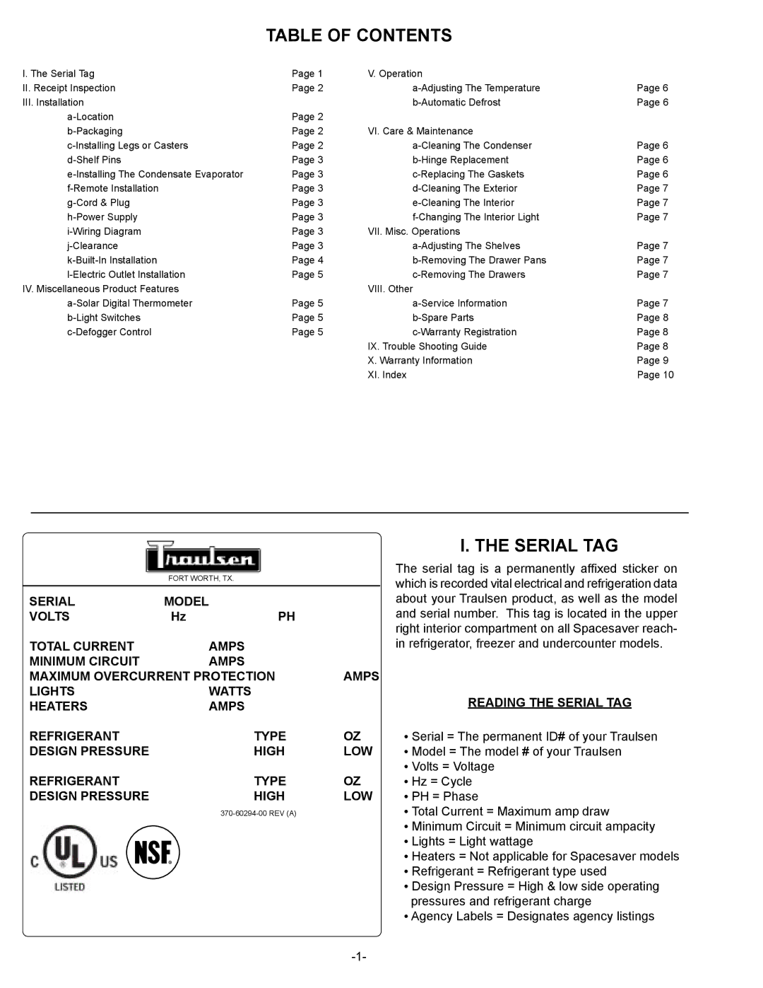 Traulsen UR48HT, UC27WT, UC27HT, UR48DT, UR48WT, UR30HT, UR30WT, UR30LT owner manual Table of Contents, Serial TAG 